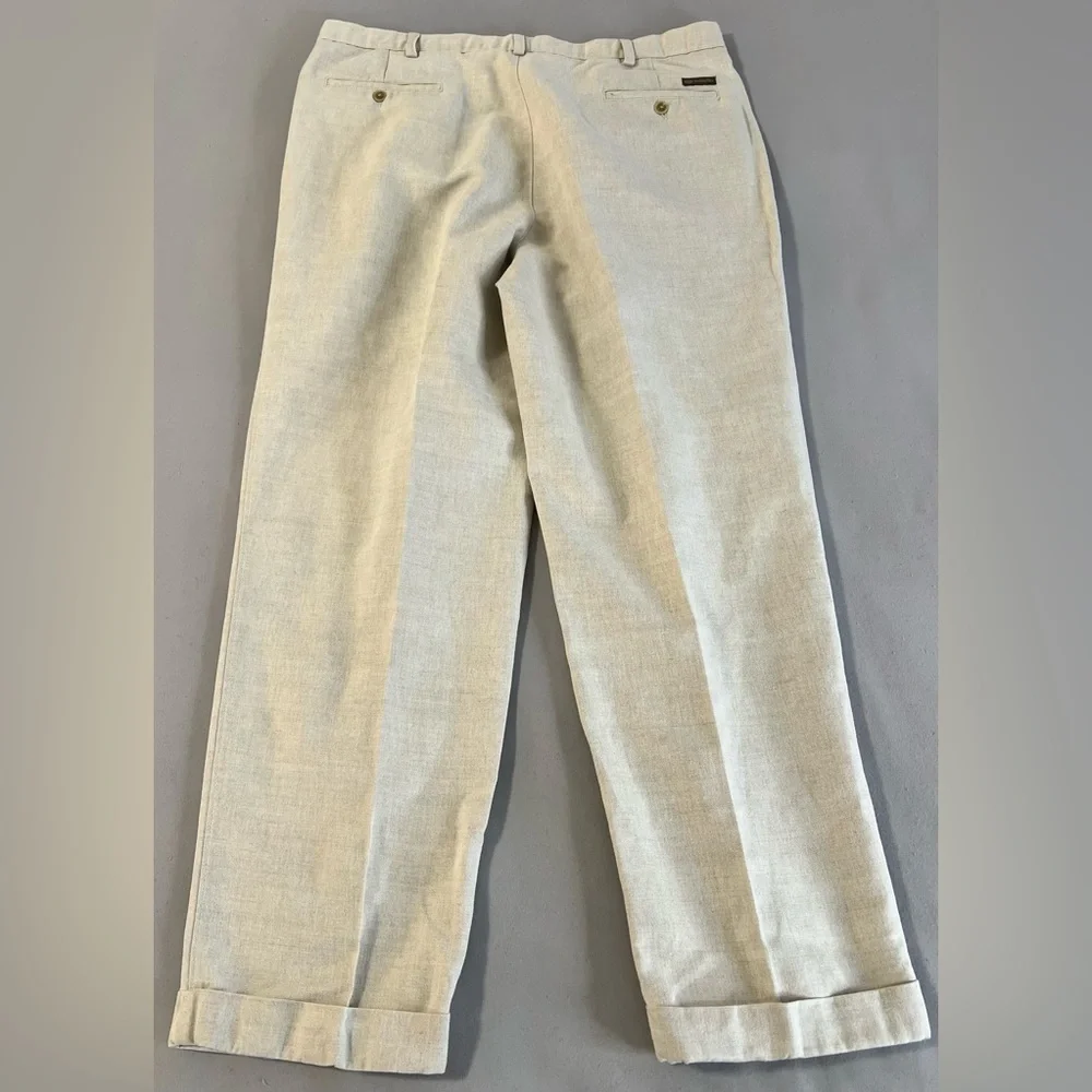 Savane RN 21201 Beige Pleated & Cuffed Men's Cotton Linen Pants‎ W40 30L